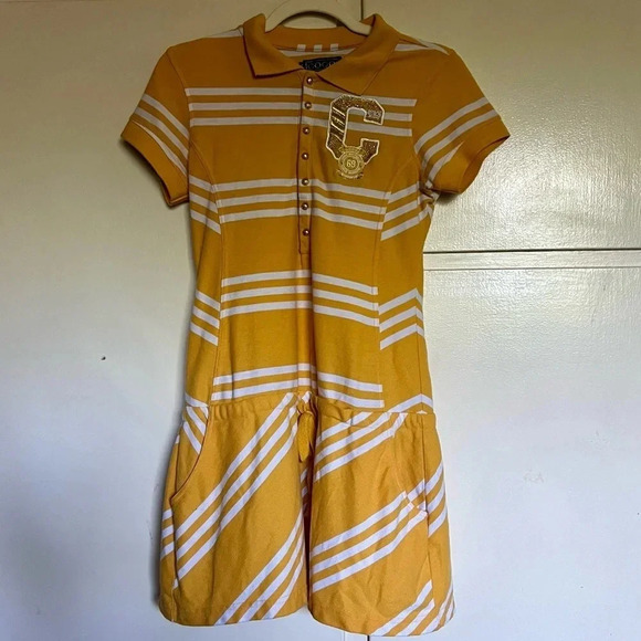 COOGI Dresses & Skirts - Coogi Australia Yellow White Striped Drop Waist Polo Dress Size Large